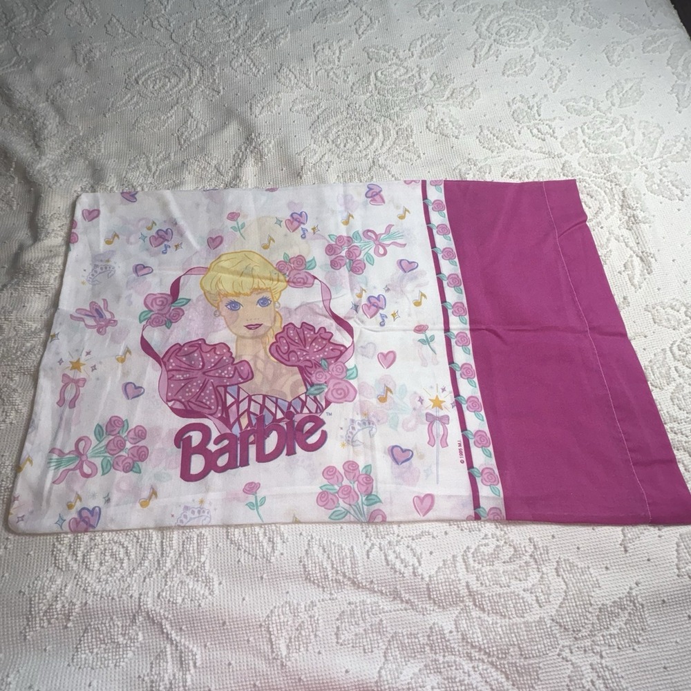 Barbie Twin Size Flat Sheet Skirt Curtain Panels Pillowcase VTG 1995 - Picture 2 of 16
